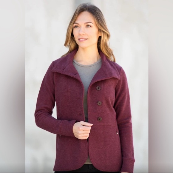 Ibex Reese Cardigan Sweater fitted Jacket Blazer bucle Merino Wool wine Womens M - Picture 6 of 13